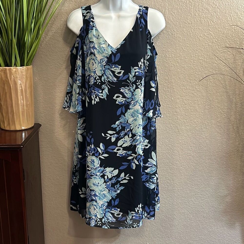 #335* Connected Apparel, navy blue floral cold shoulder, midi dress size 6